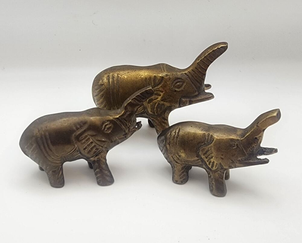 Set of 3 Brass Elephant Figurines Paper Weight India Metal Statue Décor